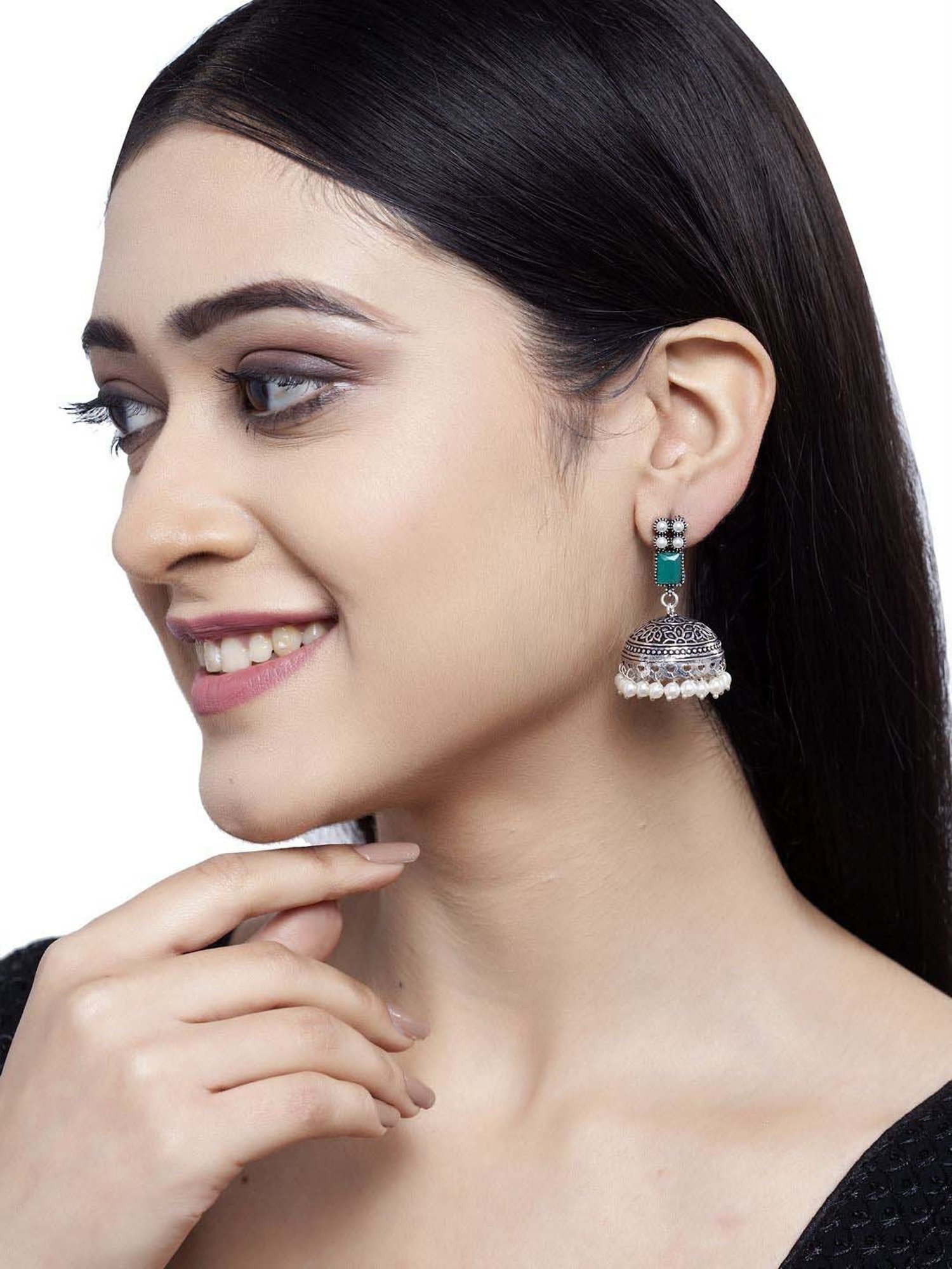 Panash Silver-Plated & Green Oxidised Jhumki Earrings