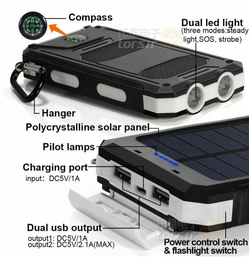 2021 Waterproof Solar Power Bank 9000000mAh Portable Battery Charger White New