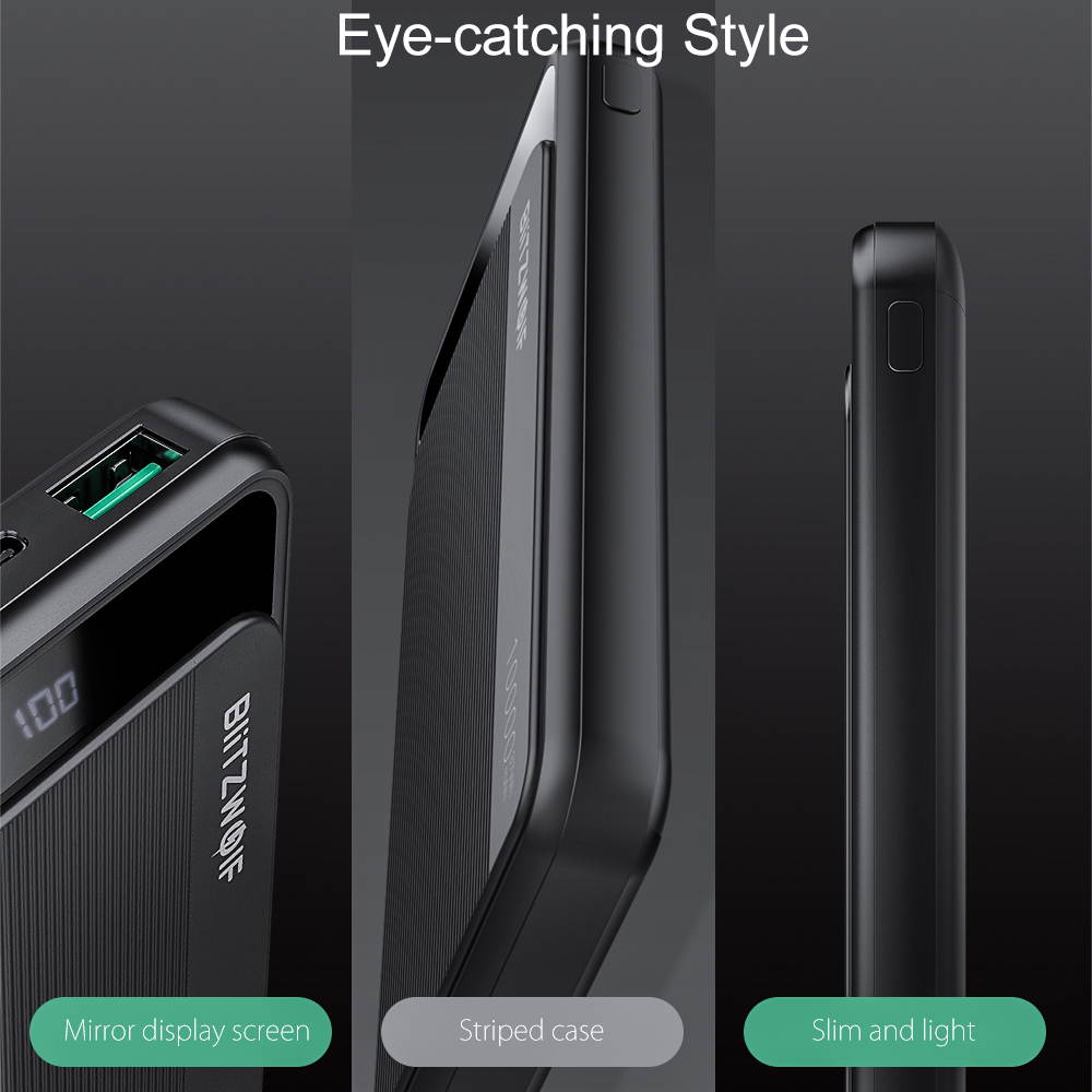 BlitzWolf BW-P12 10000mAh 22.5W Digital Display Power Bank with Real-time Battery Display, Dual QC3.0 PD18W Output, Micro PD18W Input and Striped Styling