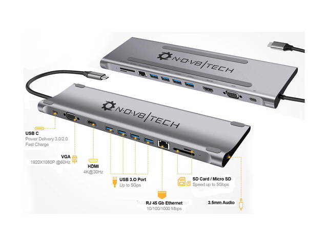 NOV8Tech USB C Docking Station Hub Type C Adapter Dock for MacBook & All USB C Devices 11-in-1 Dual Screen 4K HDMI & VGA, USB C 100W Power Delivery, RJ45 Ethernet, 3.5mm Audio, SD/Micro SD, 4x USB 3.0