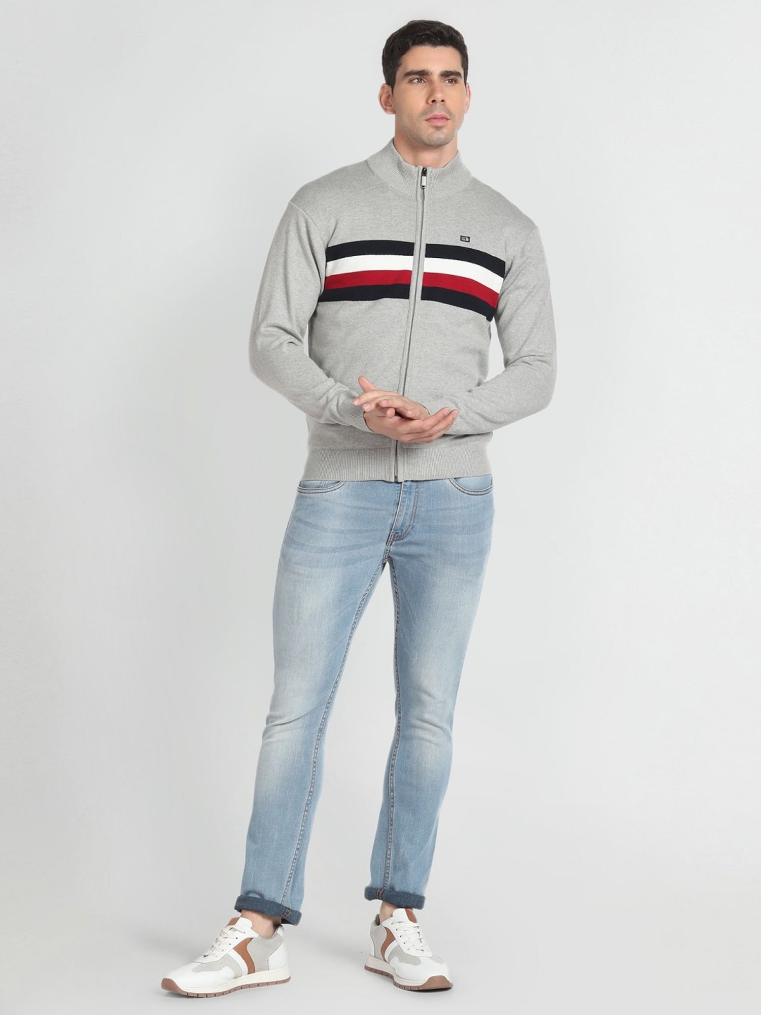 Arrow Sport Grey Cotton Regular Fit Striped Sweater