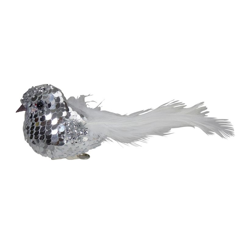 Northlight 6" Silver Sequin Bird With White Feathers Clip On Christmas Ornament