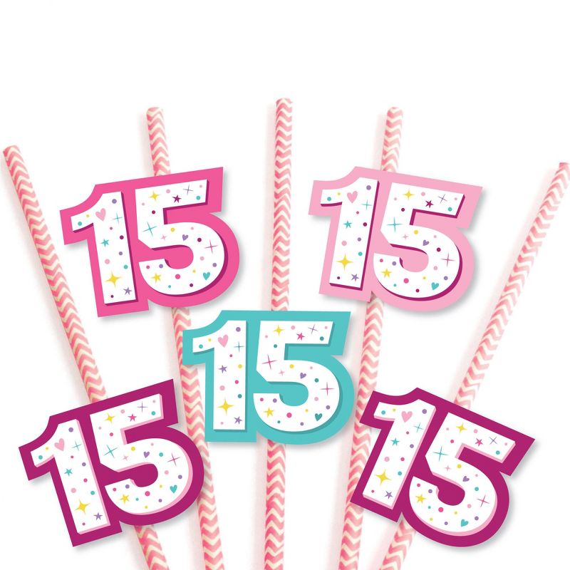 Big Dot of Happiness Girl 15th Birthday - Paper Straw Decor - Teen Birthday Party Striped Decorative Straws - Set of 24