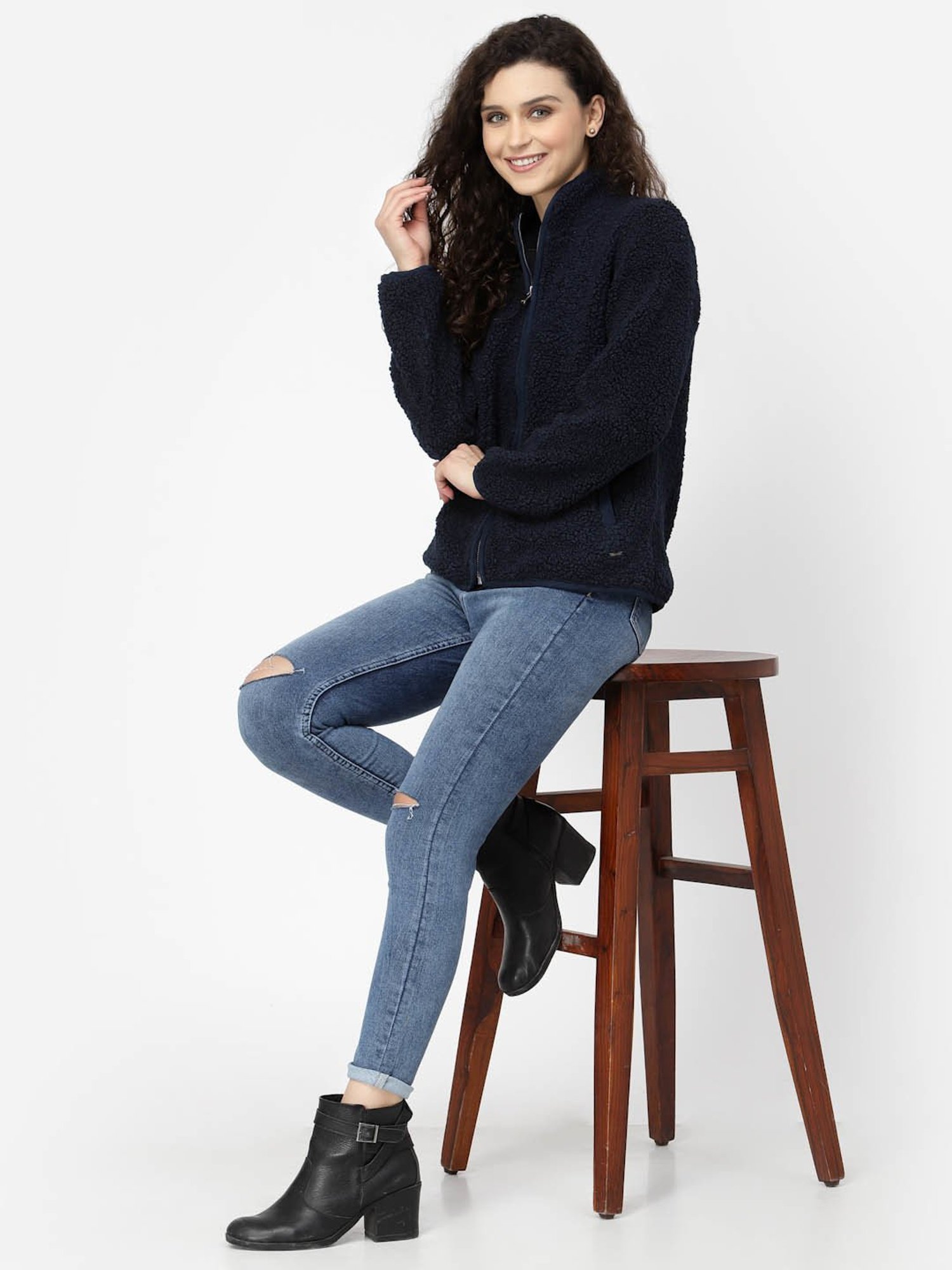 Juelle Navy Front-Open Sweatshirt