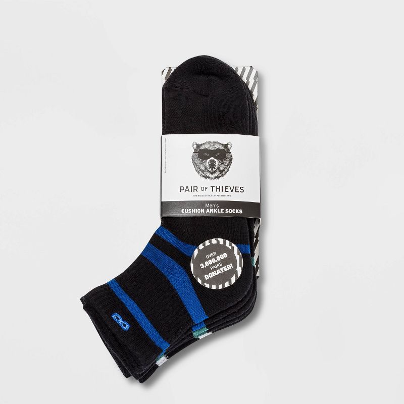 Pair of Thieves Men's 3pk Stripe Cushion Ankle Casual Socks - Blue/Green/White 8-12