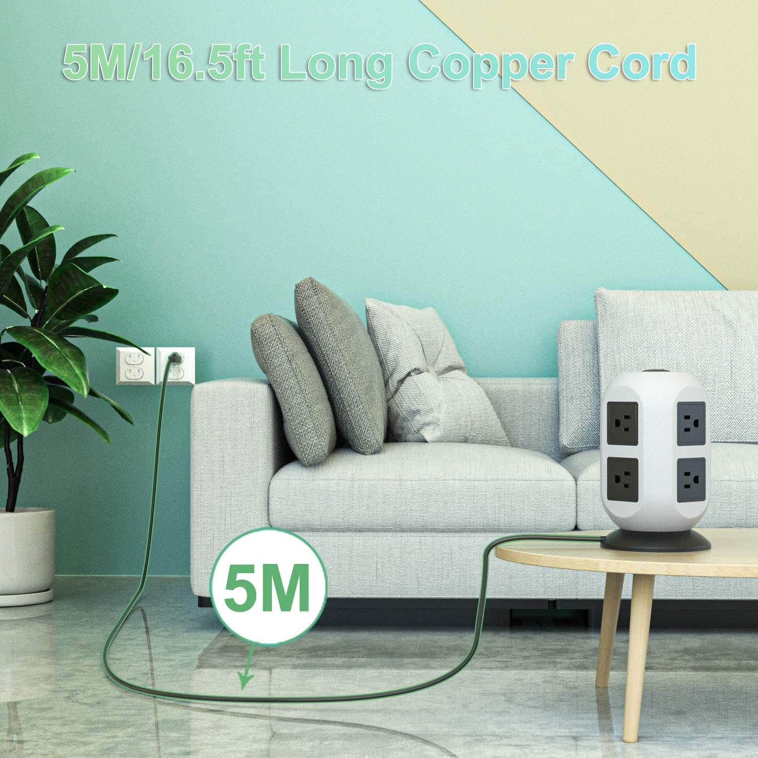 Power Strip Tower Surge Protector - 5M/16.4FT Surge Protector Power Strip with USB, Power Strip with Surge Protection with 8 AC Outlets & 4 USB Ports, Overload Protection, Short Circuit Protection.