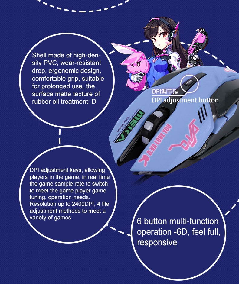 6 Buttons Gaming Breathing LED Backlit Gaming Mice D.VA Reaper Wired USB Computer Mouse for PC& Mac Overwatch Gamers