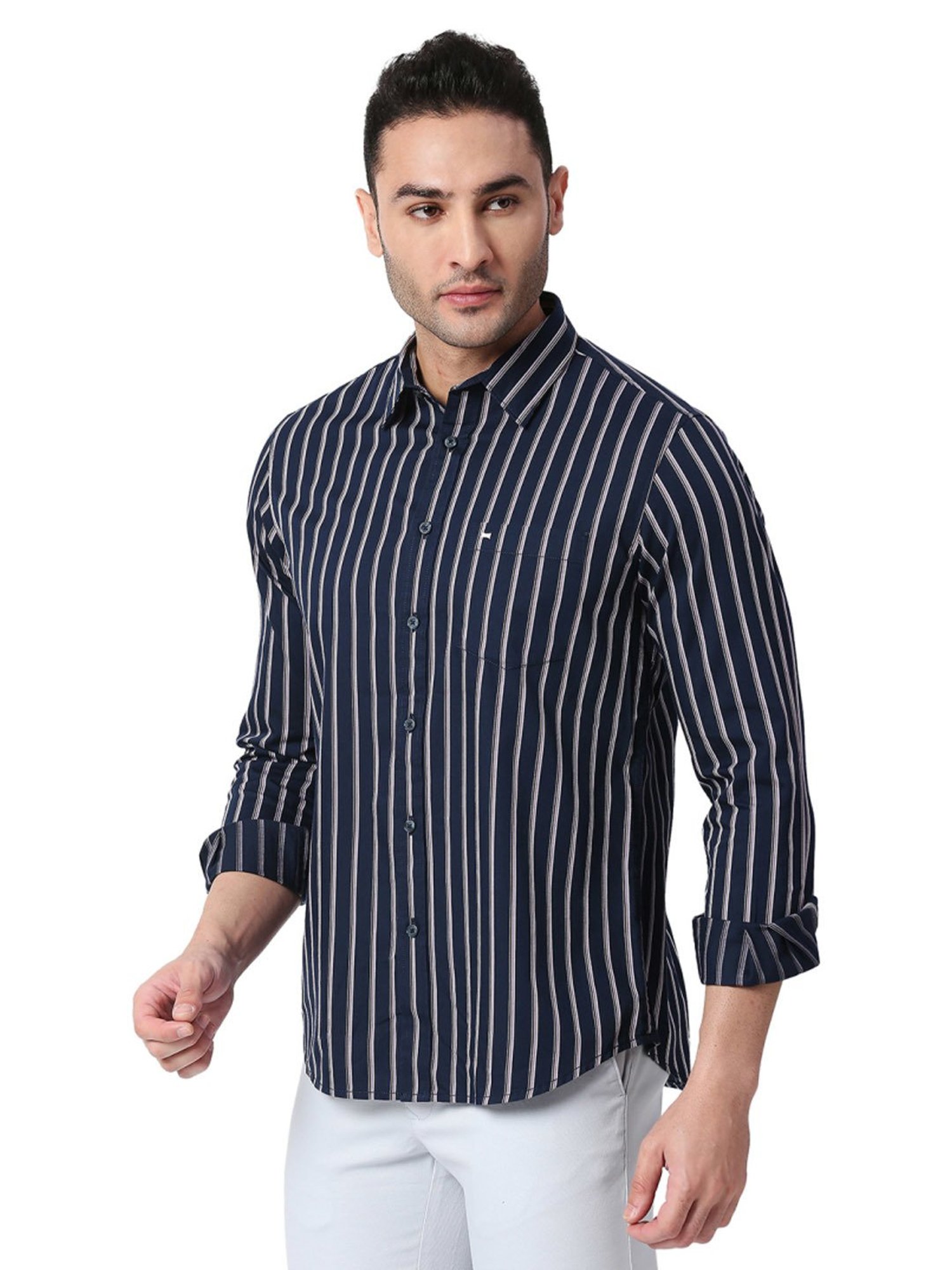 Basics Navy Slim Fit Striped Shirt
