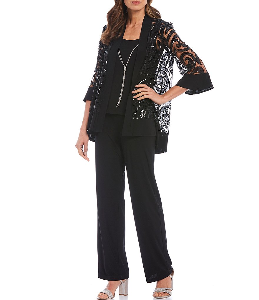 R & M Richards Swirl Sequin Jacket 2-Piece Pant Set