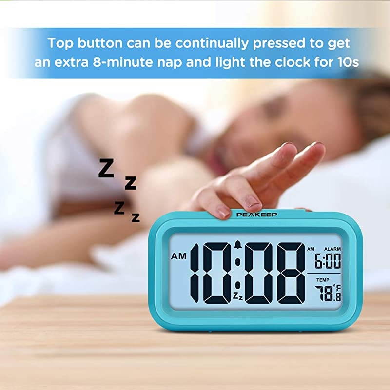 Smart Night Light Digital Alarm Clock with Indoor Temperature, Battery Operated Desk Small Clock (Blue)