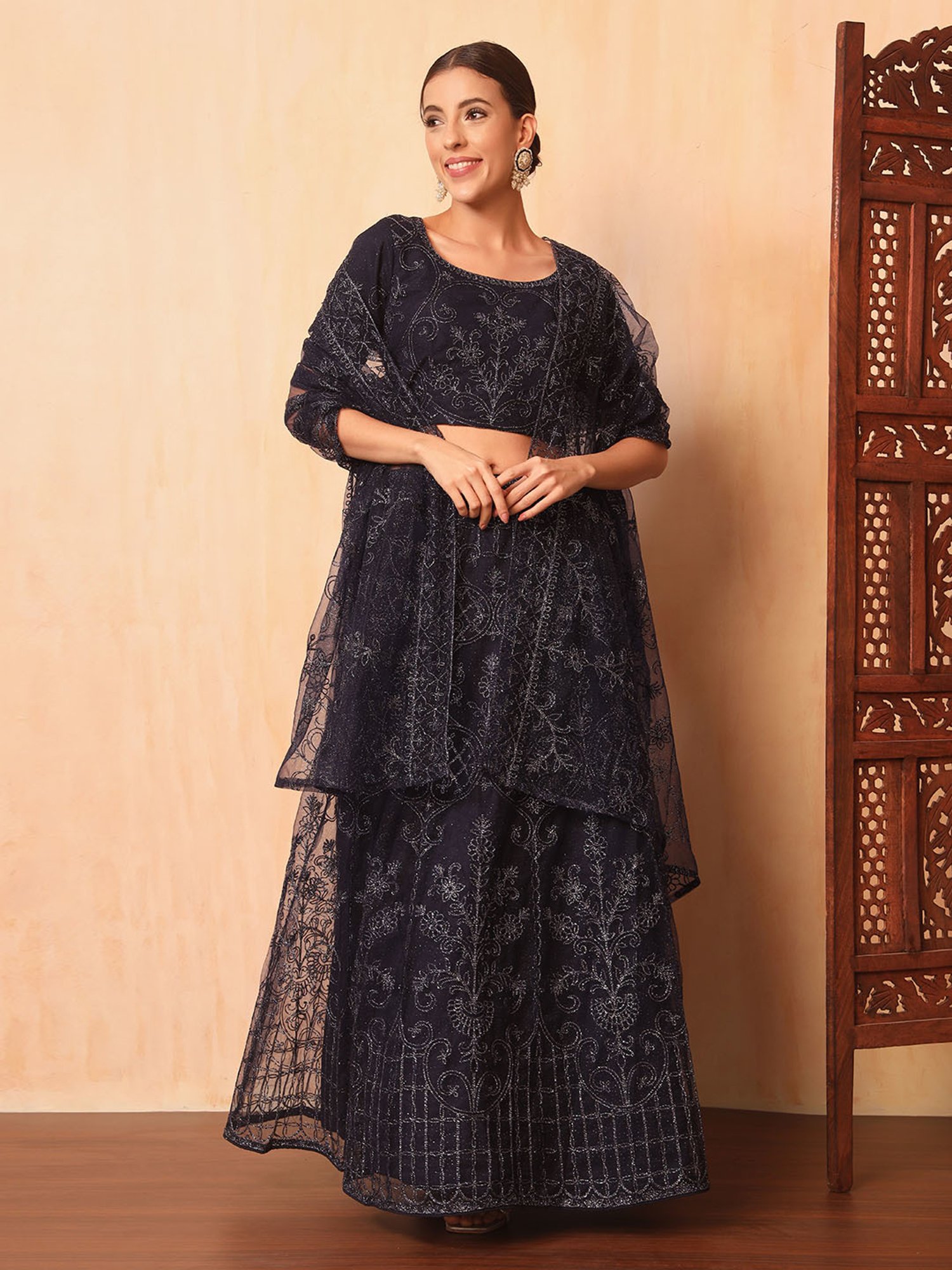SHUBHKALA Dark Navy Embroidered Lehenga Choli Set With Dupatta