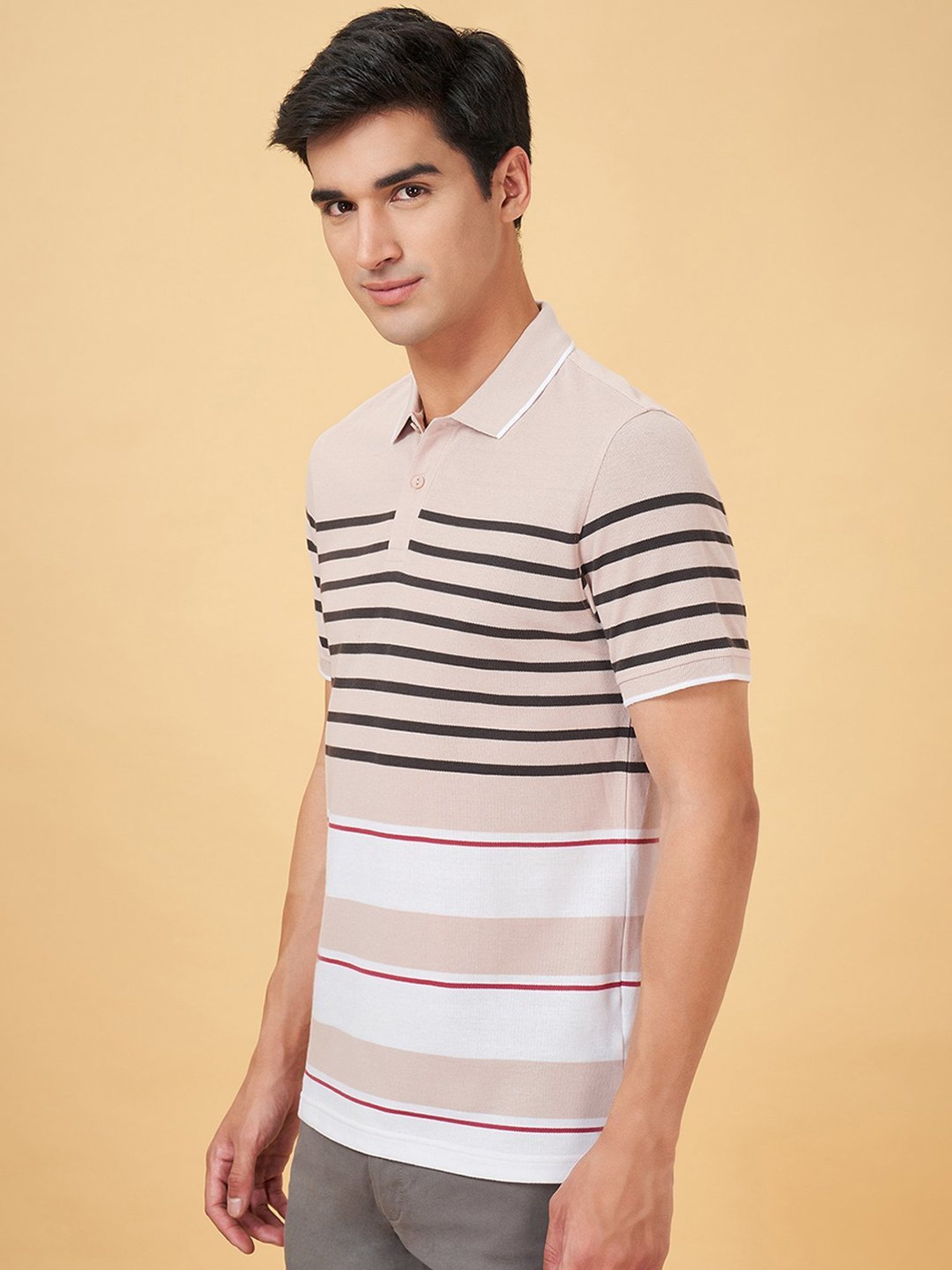 Byford By Pantaloons Beige Slim Fit Striped Polo T-Shirt