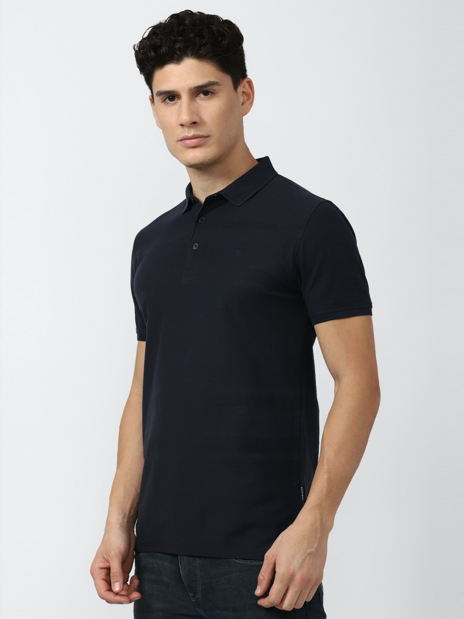V Dot Navy Blue Cotton Slim Fit Striped Polo T-Shirt
