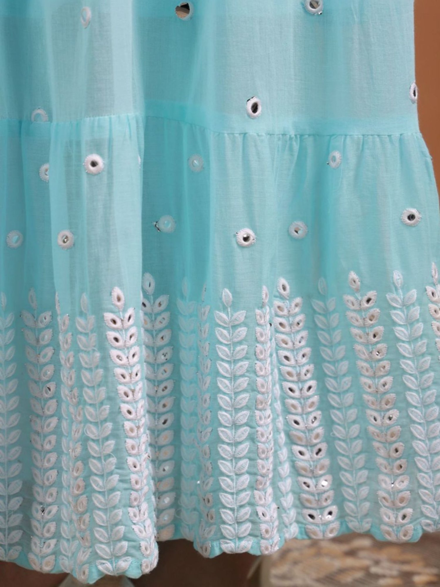 SCAKHI Aqua Blue Mulmul Foilage Mirror Embroidered Angrakha Kurta With Pants And Dupatta