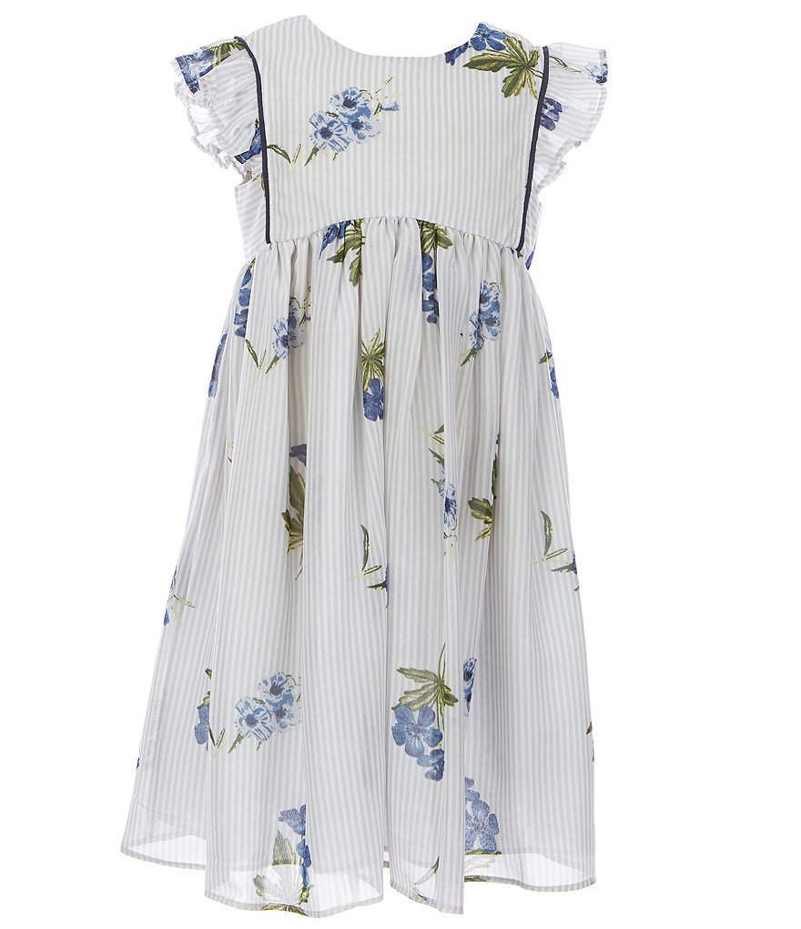 Laura Ashley Little Girls 2T-6X Flutter-Sleeve Floral/Stripe Chiffon Fit-And-Flare Dress