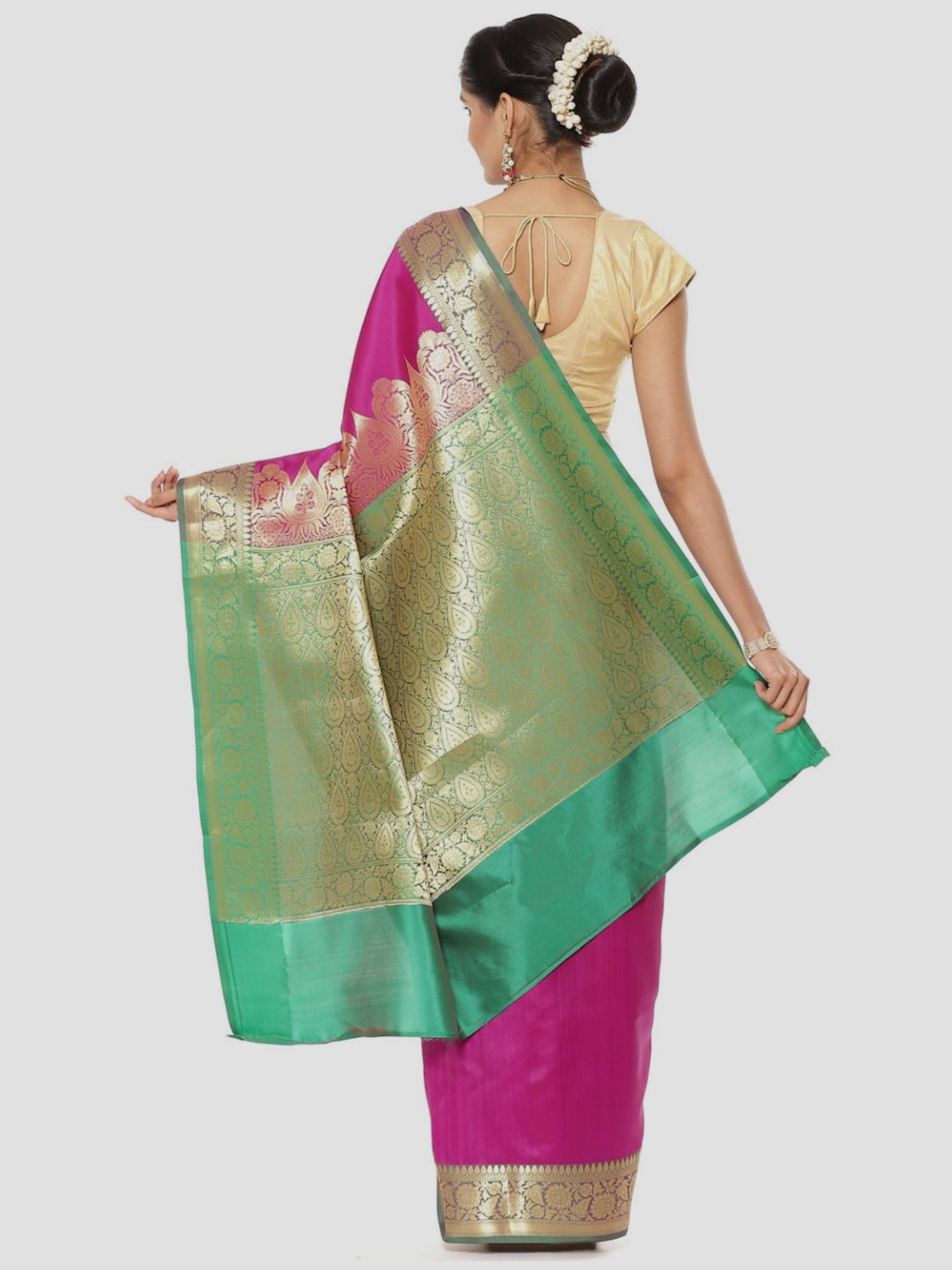 Banarasi Silk Works Pink Woven Saree With Unstitched Blouse