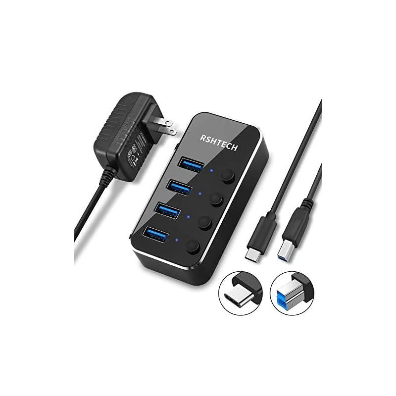 USB C Hub Powered 4 Port USB Splitter Portable Aluminum USB Data 30 Hub with Individual OnOff Switches 4Ports