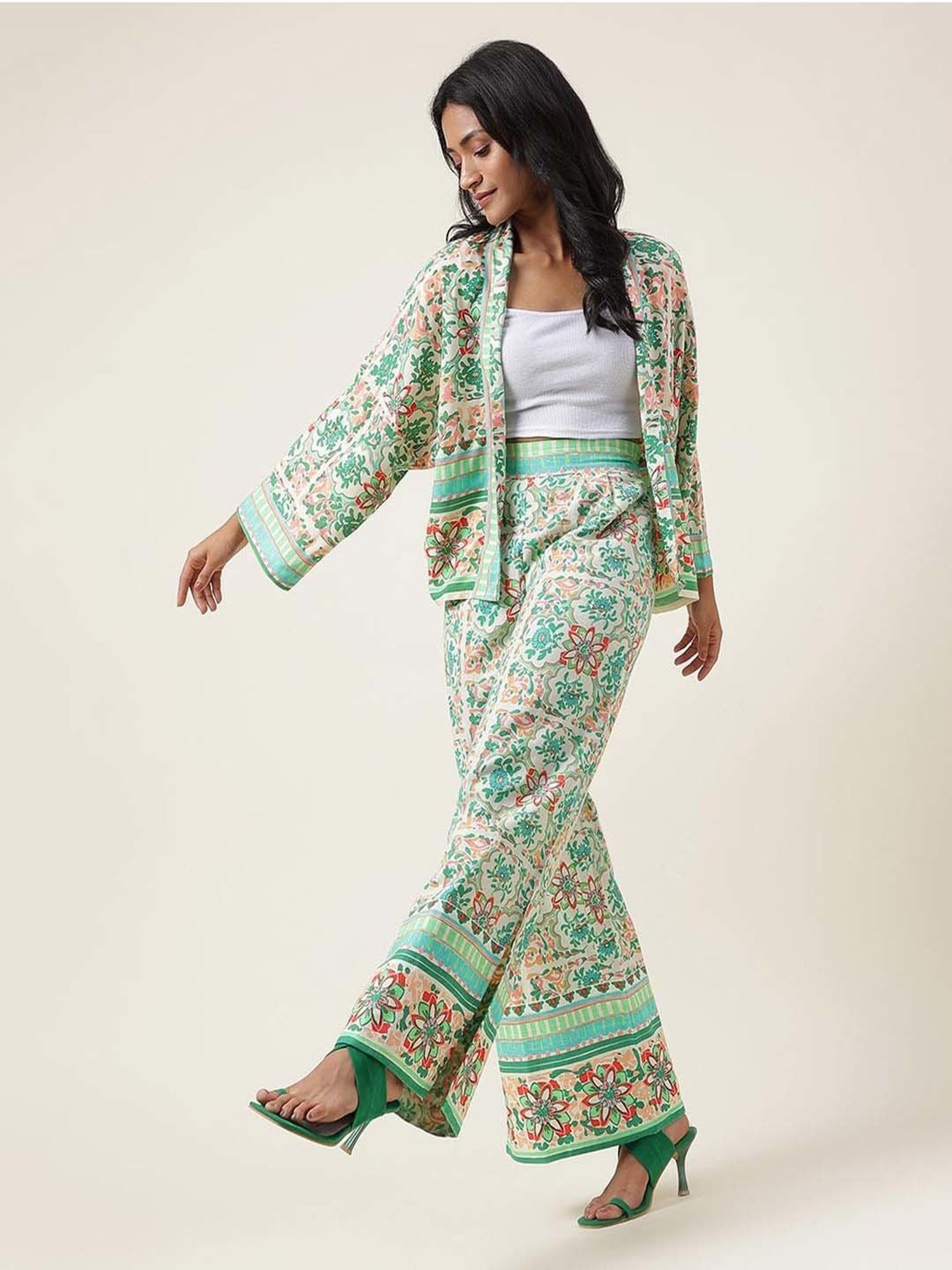 Fabindia Off-White & Green Printed Shrug