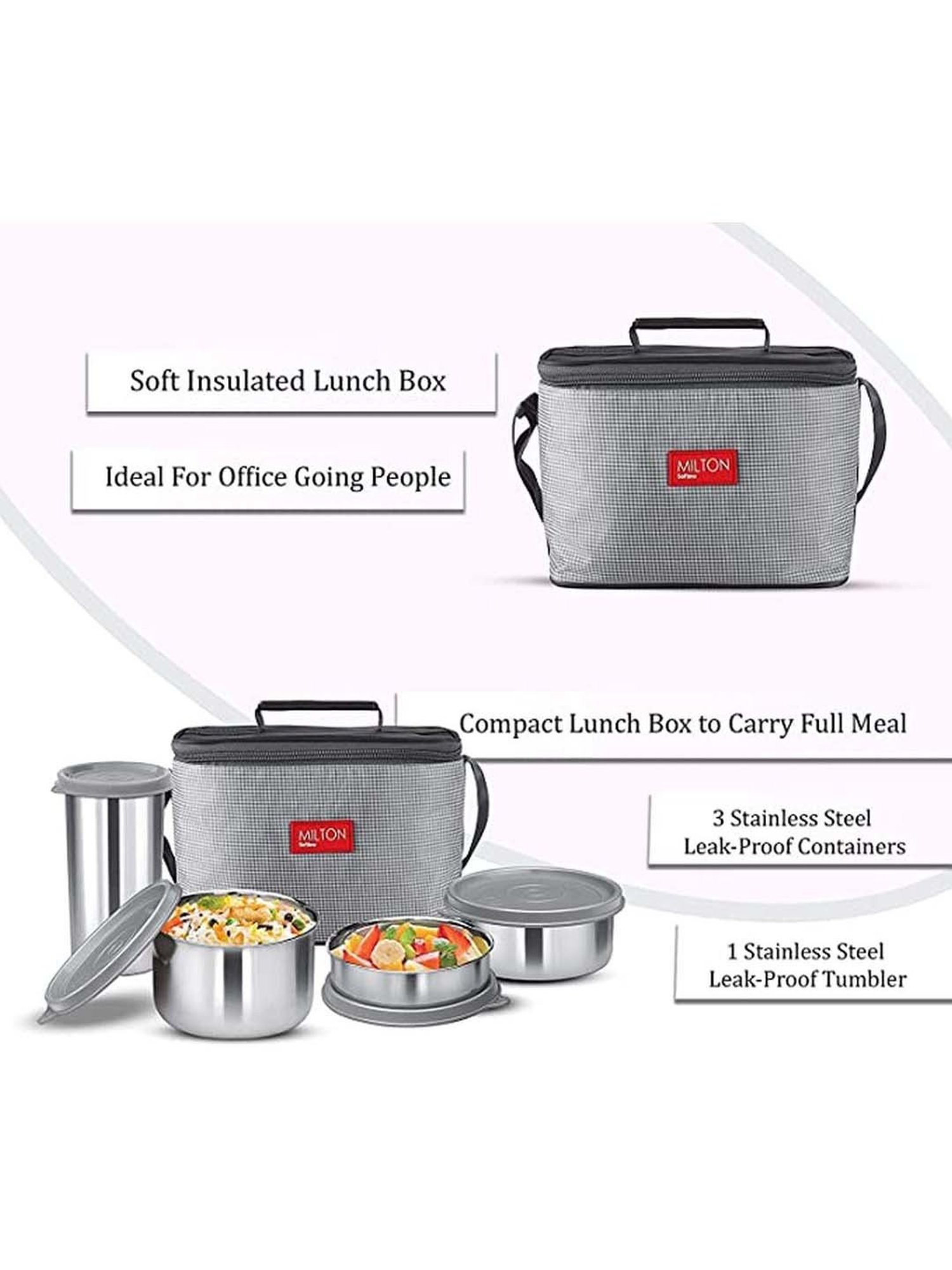 Milton Grey Stainless Steel Lunch Box Set with Tumbler & Bag