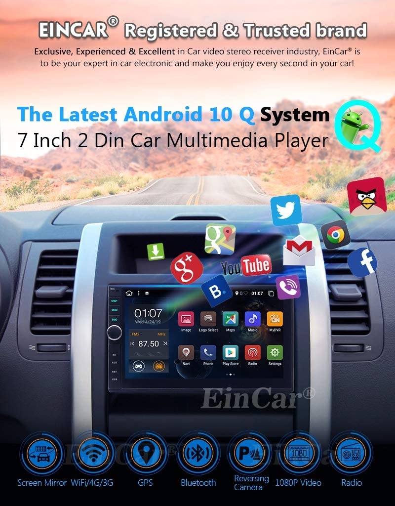 Double Din Bluetooth Car Stereo with Backup Camera Quad Core Android 10.0 Radio Support 7inch Touch Screen GPS Navigation Phone Mirror 1080P Video SWC WiFi 4G 3G USB SD FM AM RDS AUX for 2 Din