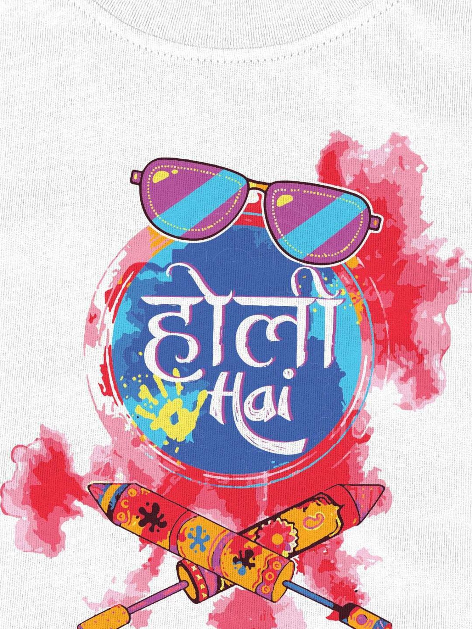 Bonkids White Cotton Holi Hai Printed T-Shirt