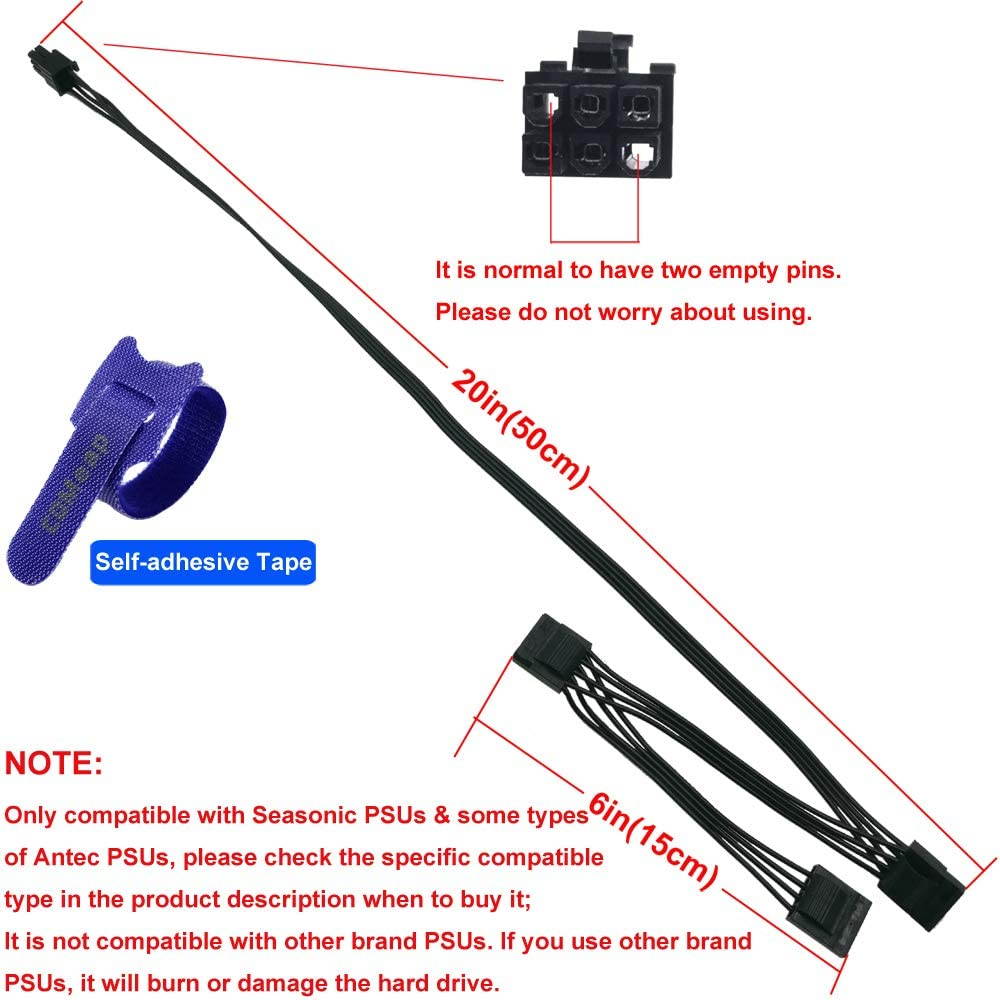 COMeap 6 Pin Male to 3X 4 Pin Molex Female Hard Drive Power Adapter Cable for Seasonic Antec Modular Power Supply 20-in(50cm)