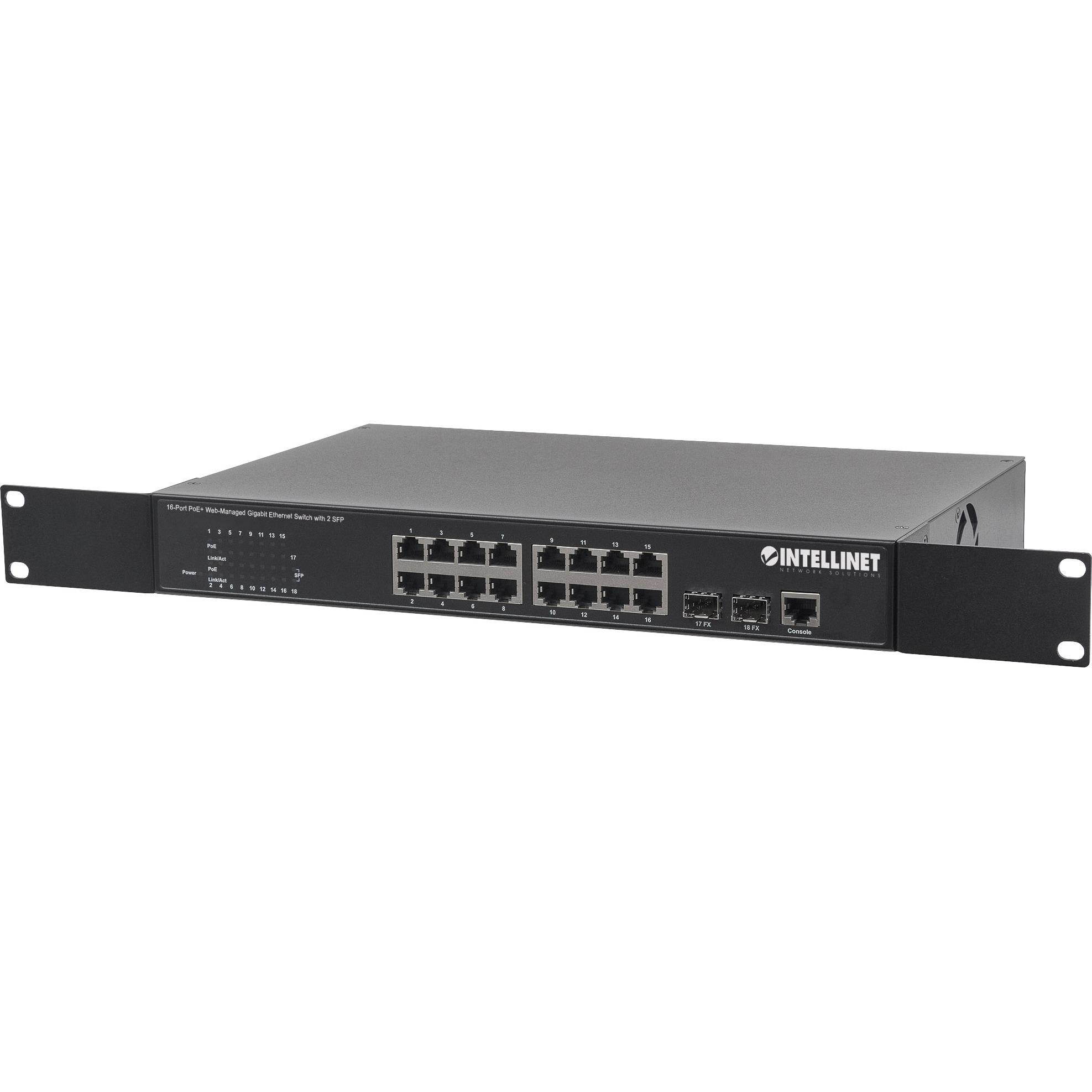 Intellinet 16-Port PoE+ Web-Managed Gigabit Ethernet Switch with 2 SFP Ports