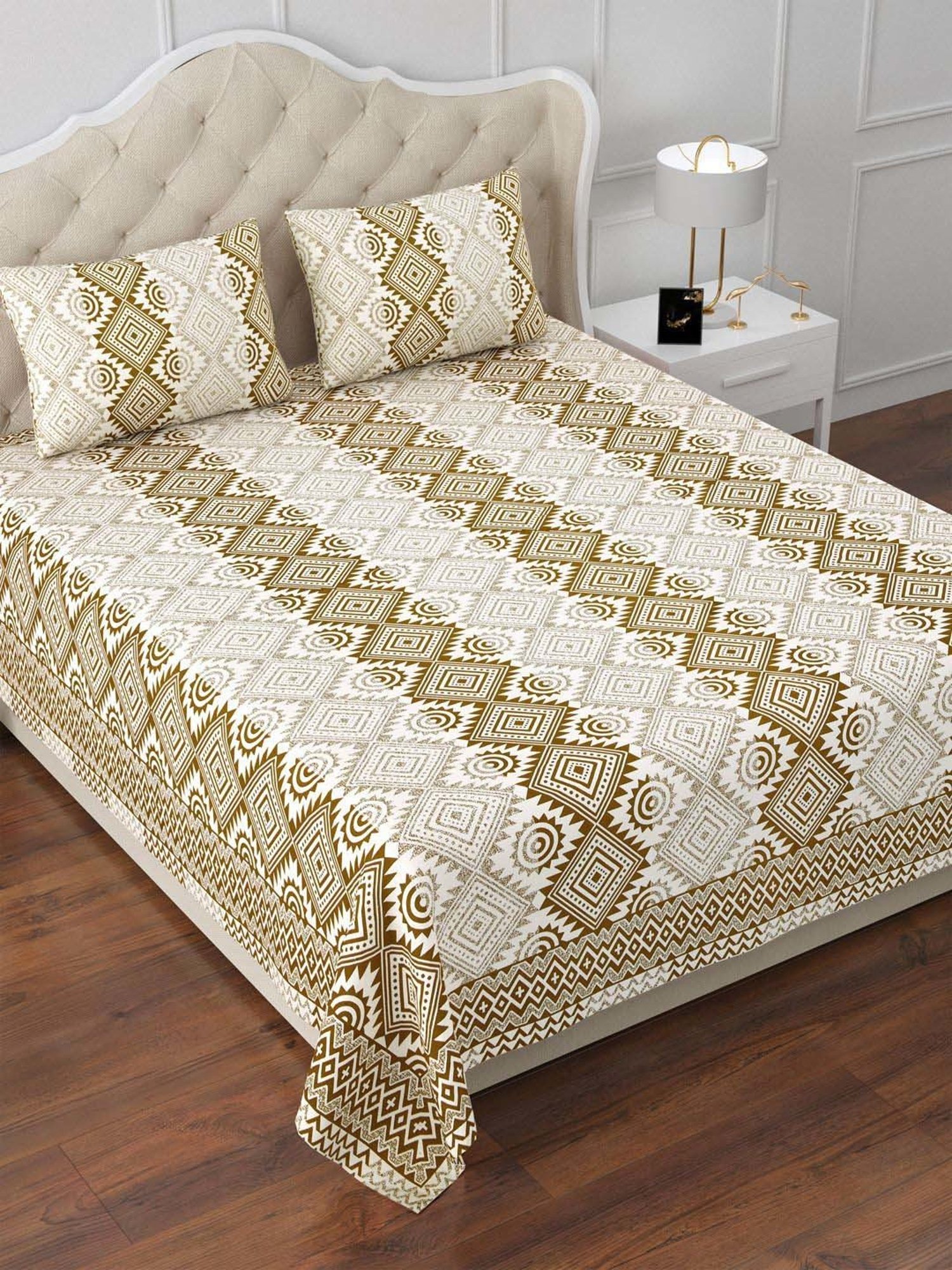 Aapno Rajasthan Sand Dunes Green & White Cotton 140 GSM Double Bedsheet With 2 Pillow Cover