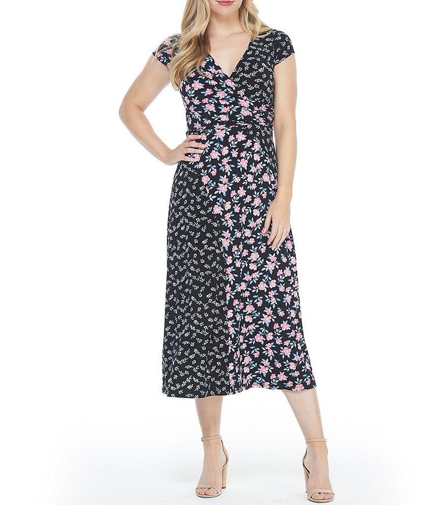 Maggy London Mixed Floral Print Jersey Surplice V-Neck Faux Wrap Midi Dress