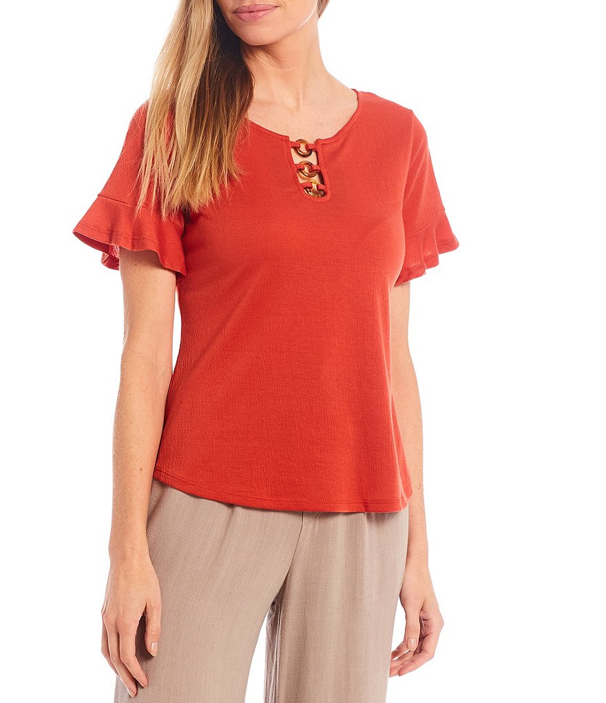 I.N. Studio Petite Size Solid Pucker Knit Ring Neckline Detail Short Flounce Sleeve Top