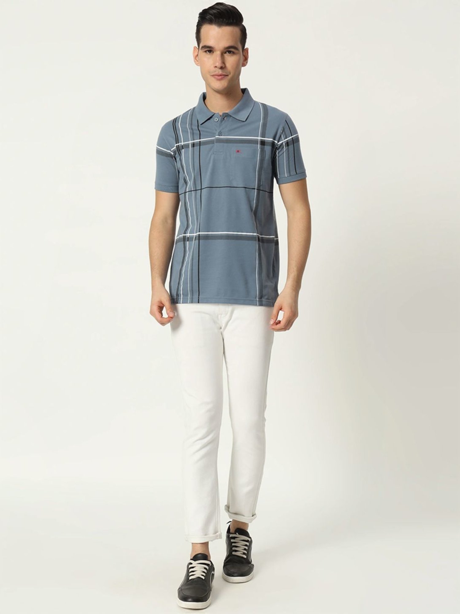 Tab91 Grey Regular Fit Checks Polo T-Shirts