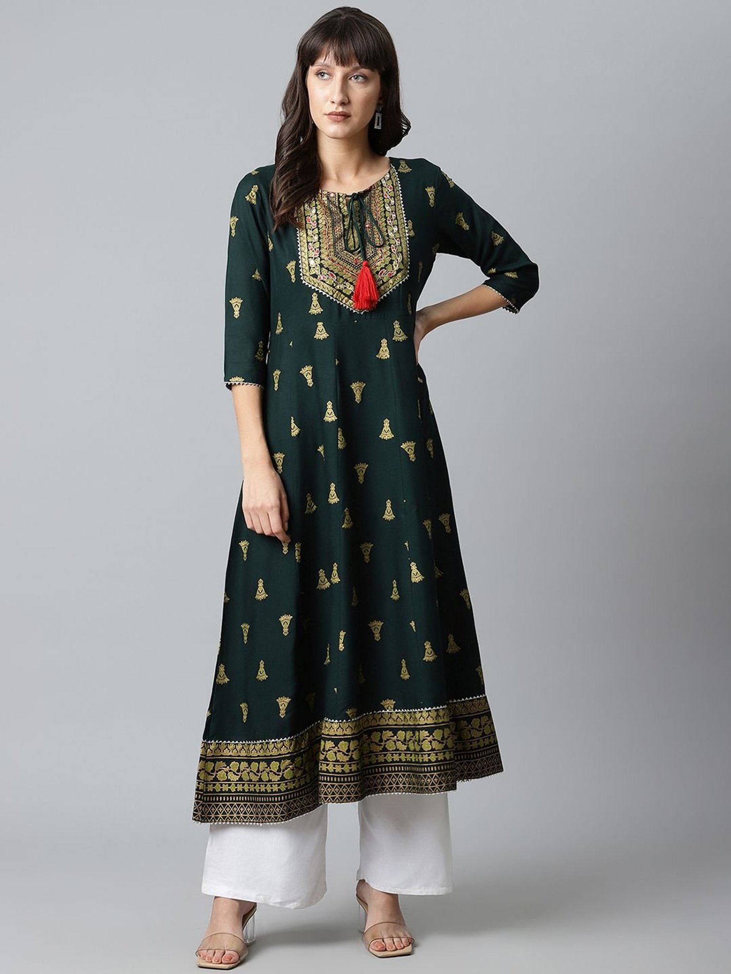 Sringam Green Embroidered A Line Kurta