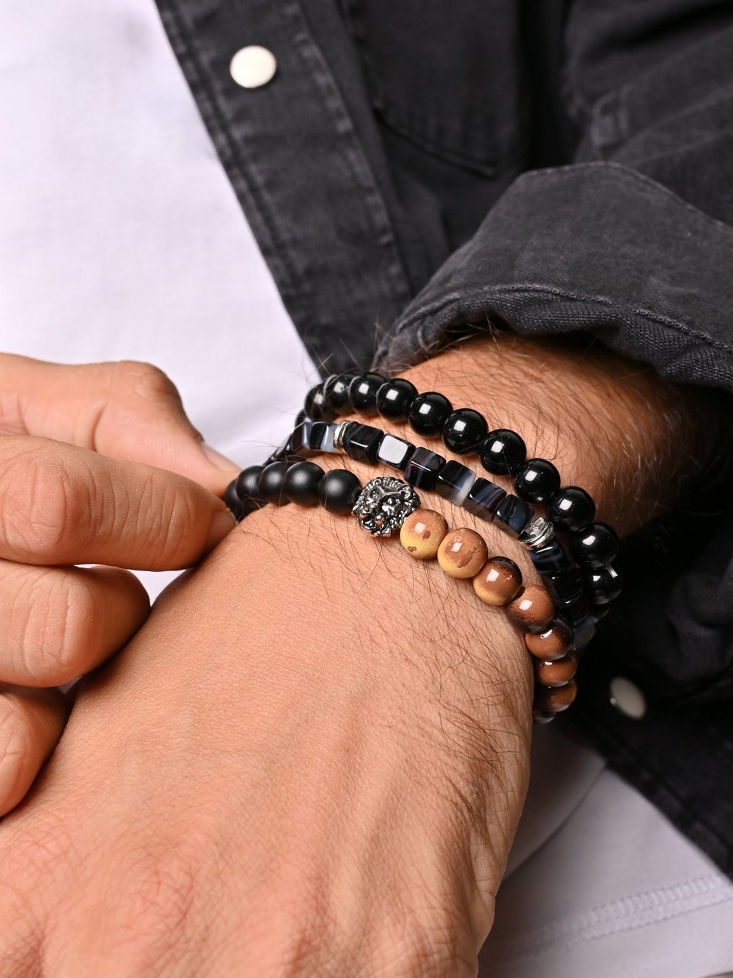 The Bro Code Black & Brown Casual Party Men's Beaded Lion Charm Stack Bracelet - Set of 3