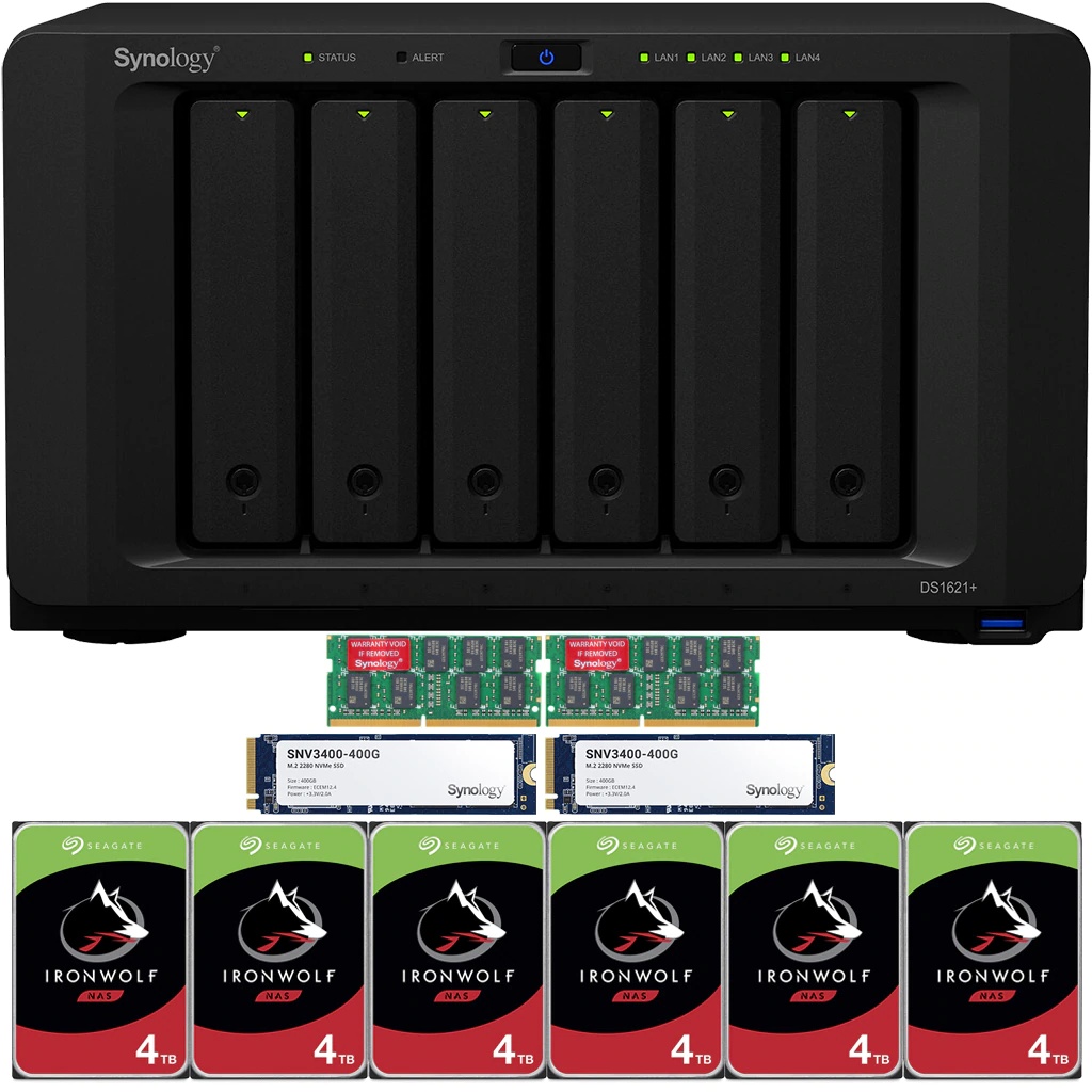 Synology DS1621+ DiskStation with 8GB RAM and 12TB (6 x 2TB) of Seagate Ironwolf NAS Drives and 800GB (2x400GB) NVME Cache Fully Assembled and Tested By CustomTechSales