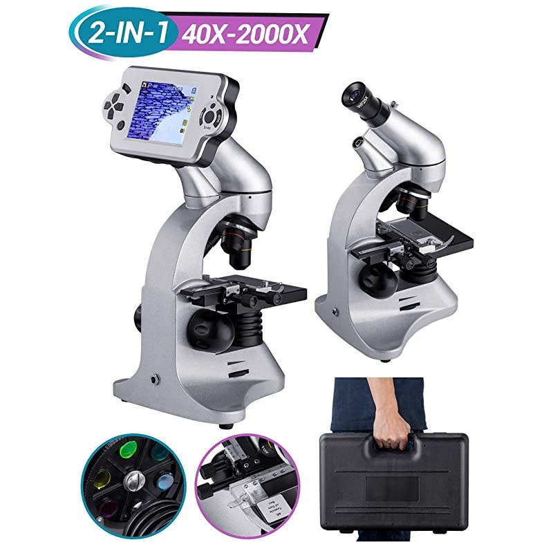 Digital Microscope 2000X Biological Microscope with Camera Screen Slides Set for Kids Students Adults School Laboratory Home Science Education