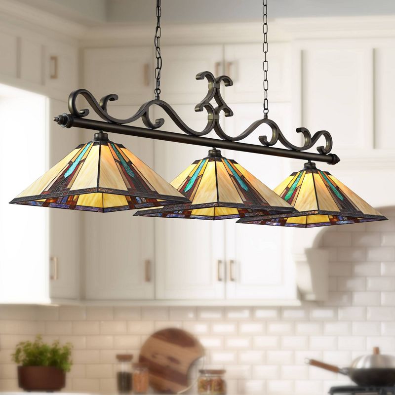 Robert Louis Tiffany Bronze Linear Island Pendant Chandelier 56" Wide Tiffany Style Ranier Art Glass 3-Light Fixture for Kitchen