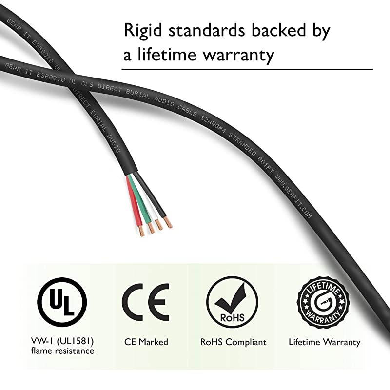 Pro Series 12 Gauge 4Conductor Speaker Wire 100 Feet 30 Meters 12 AWG OFC 999 Oxygen Free Copper Speaker Wire CL3 Rated for Outdoor Direct Burial Use Black