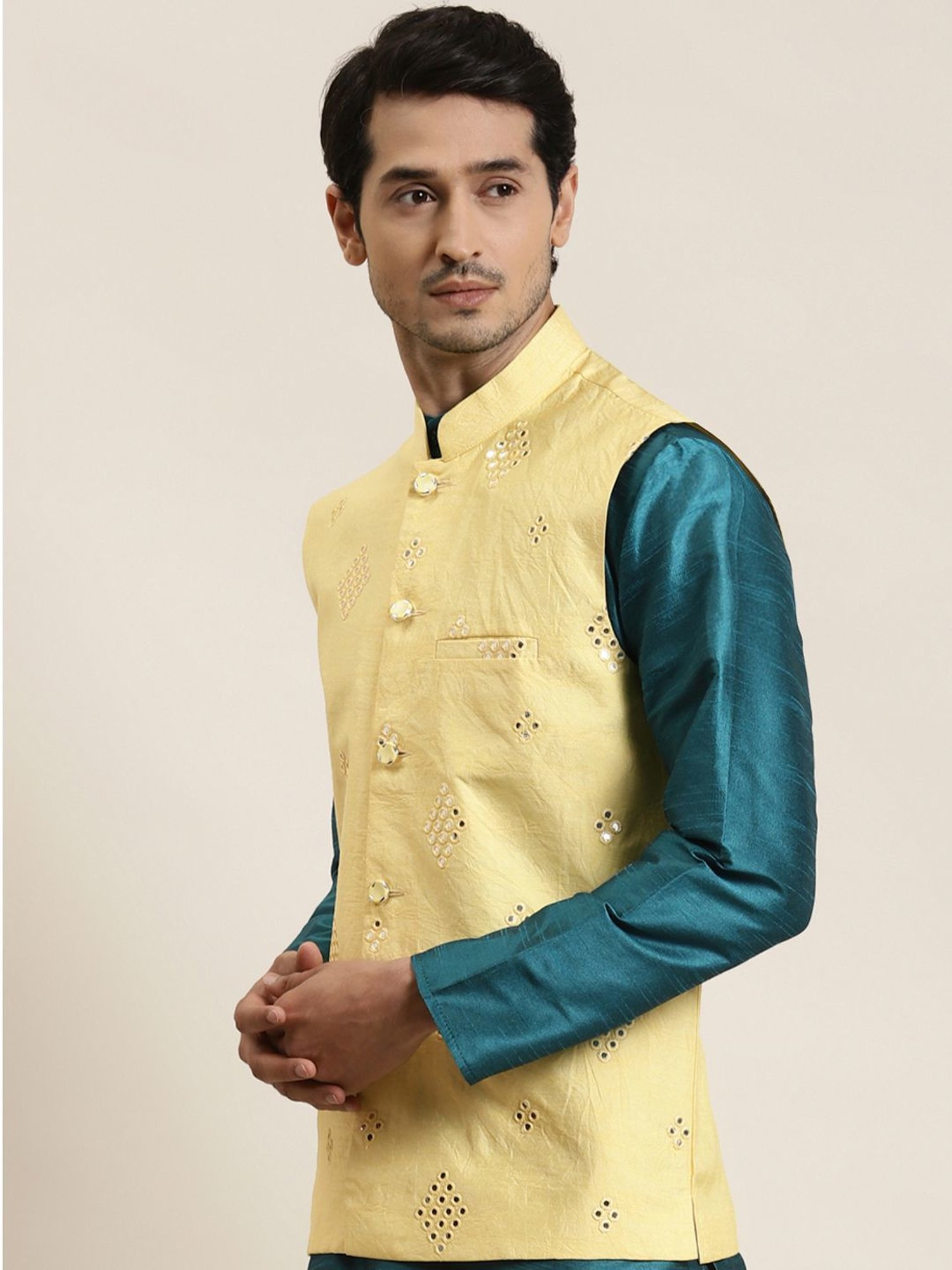 Sojanya Yellow Regular Fit Self Pattern Nehru Jacket