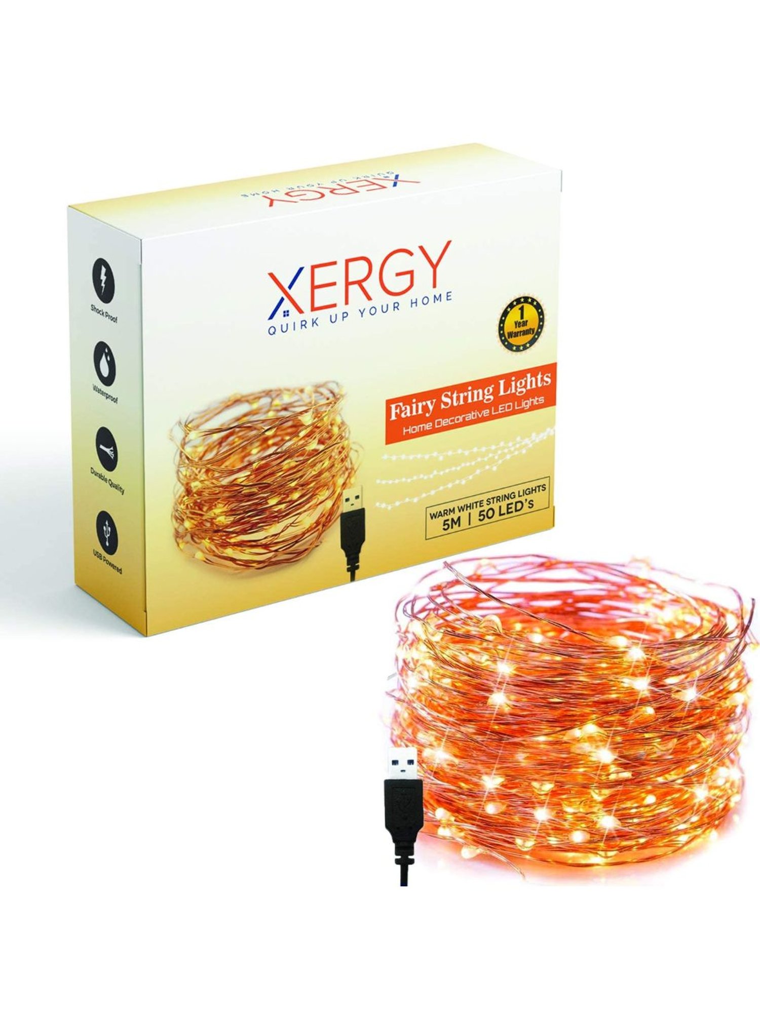 XERGY USB 50 LED 5 Meter Waterproof Fairy String Lights Starry String Lights with USB. (Yellow)