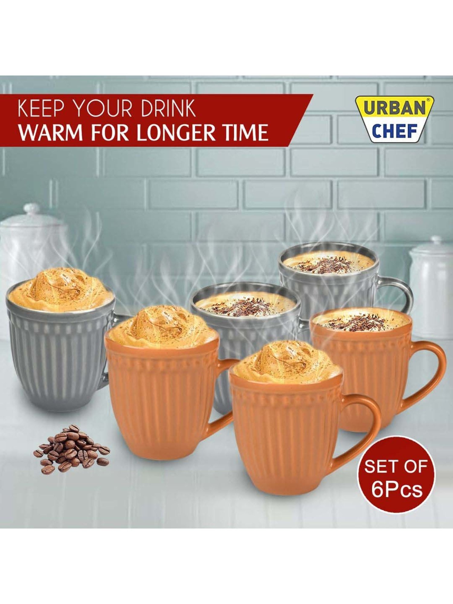 Urban Chef Grey & Brown Ceramic Handcrafted Microwave Safe Tea Cup - Set of 6