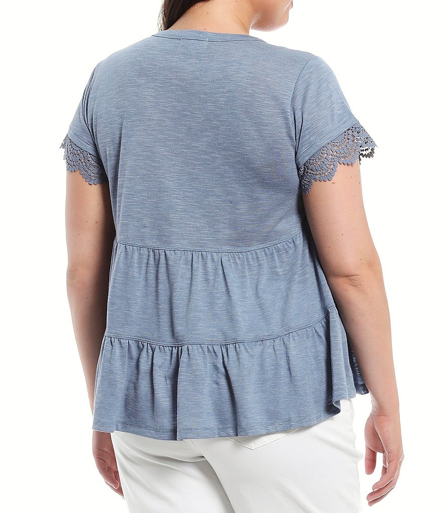 One World Apparel Plus Size Scoop Neck Lace Trim Short Sleeve Tiered Baby Doll Top