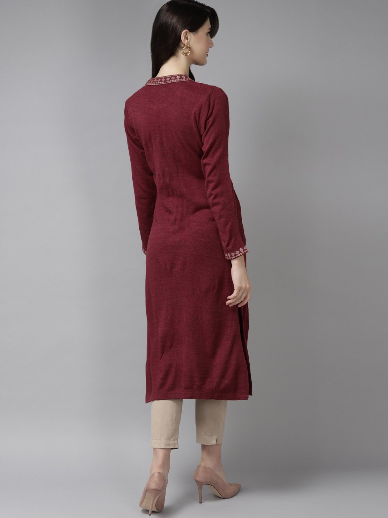 Cayman Maroon Wool Woven Pattern Straight Kurta