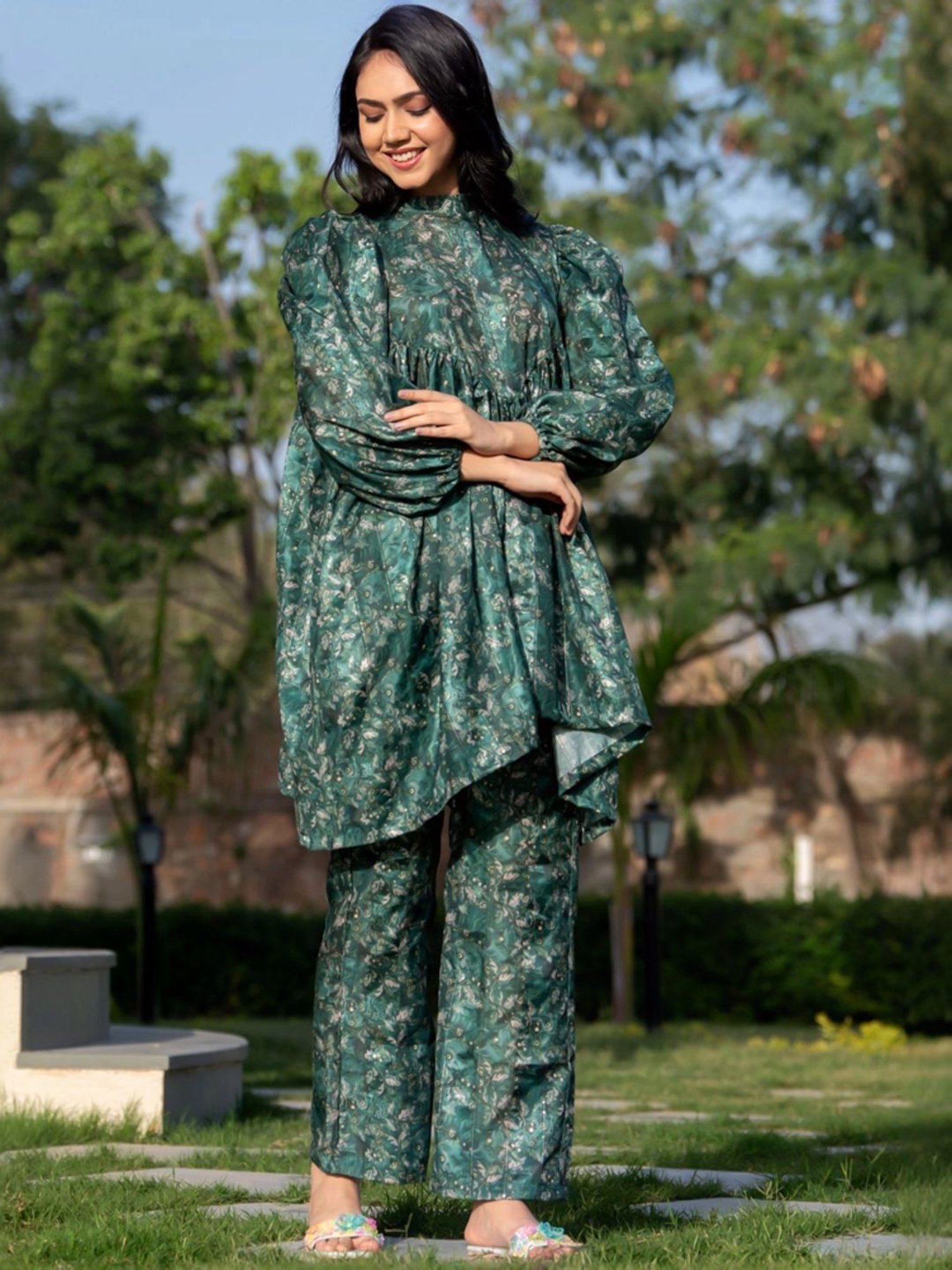 HOUSE OF JAMOTI Green Printed Tunic Palazzo Set