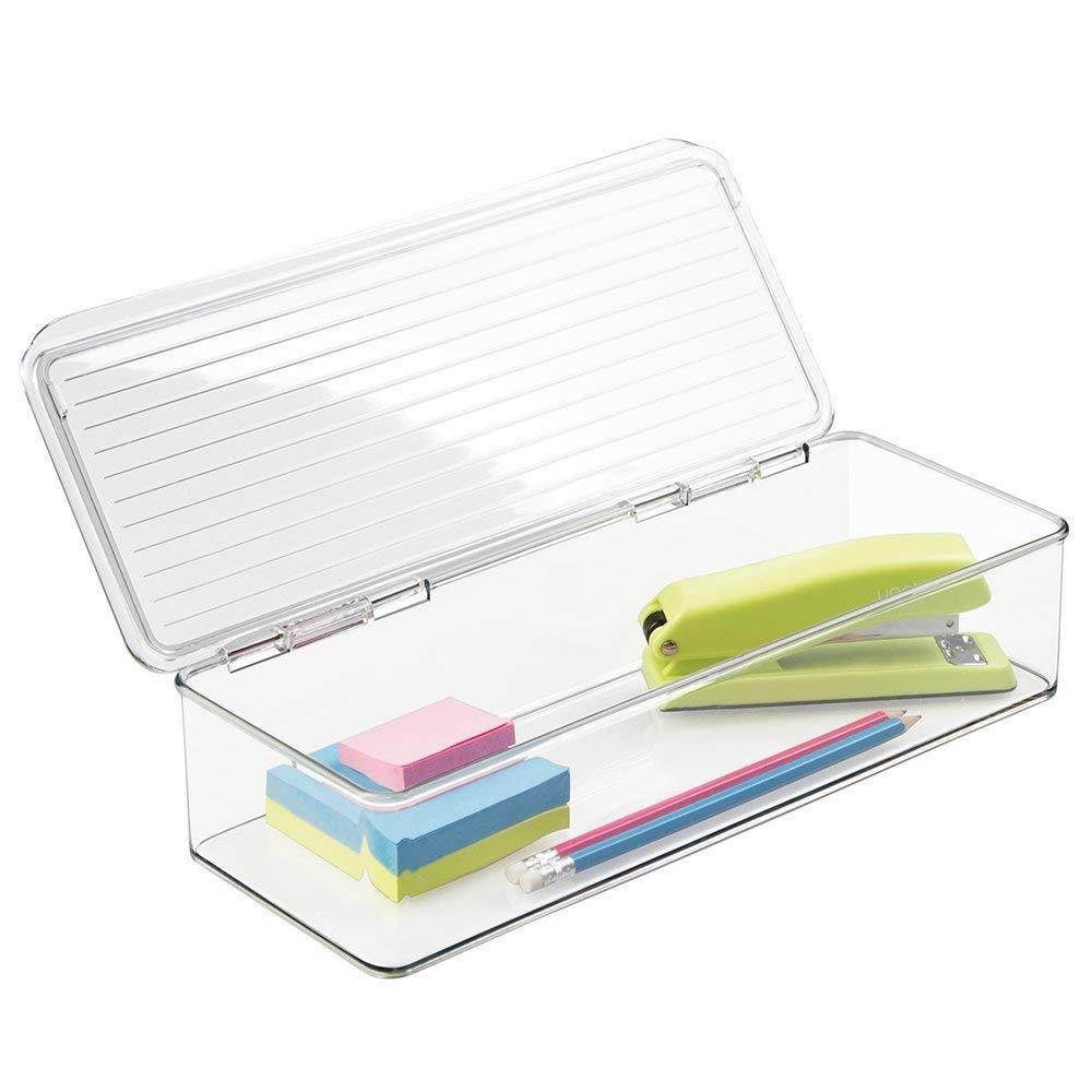 mDesign Compact Stackable Office Storage Organizer Box Bin, Attached Hinged Lid - Holder for Note Pads, Pens, Pencils, Dry Erase Markers, Highlighters, Sticky Notes - Long, Clear