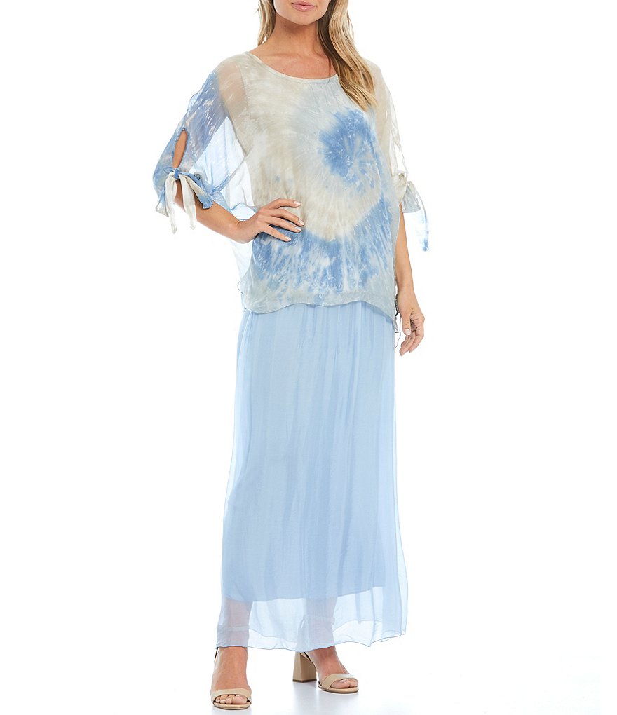 M Made in Italy Jewel Neck Tie Sleeve Tie-Dye Silk Blend Tunic