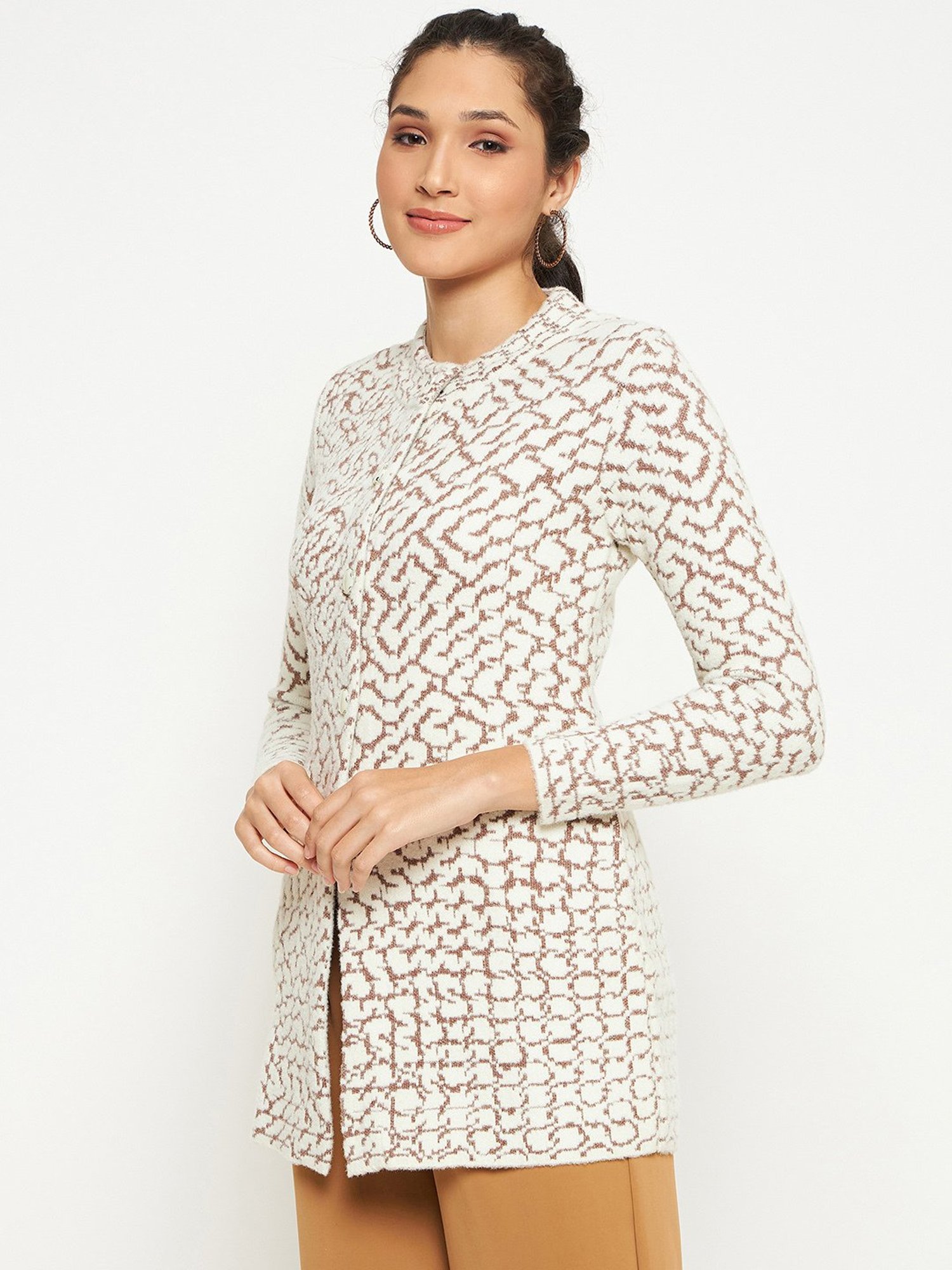 Duke Off White & Brown Printed Cardigan