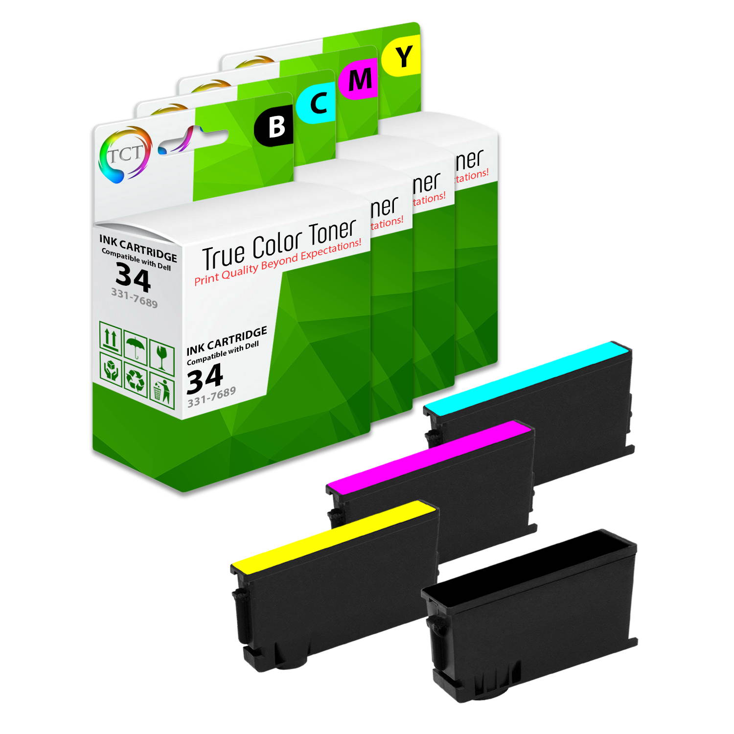 TCT Compatible Ink Cartridge Replacement for Dell 34 Series works with Dell V525w V725W Printers (Black 331-7689, Cyan 331-7690, Magenta 331-7691, Yellow 331-7692) - 4 Pack