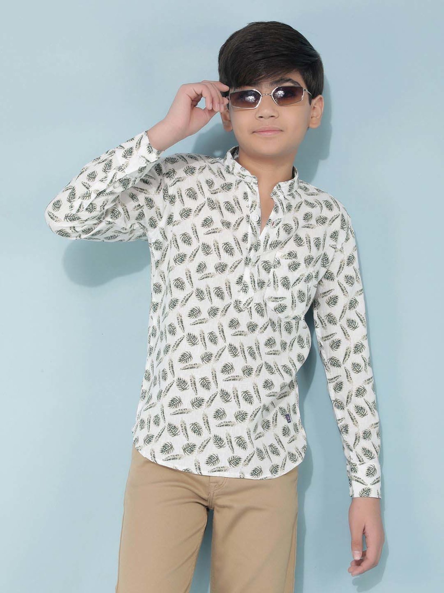 Crimsoune Club Boys Olive Floral Full Sleeves Kurta