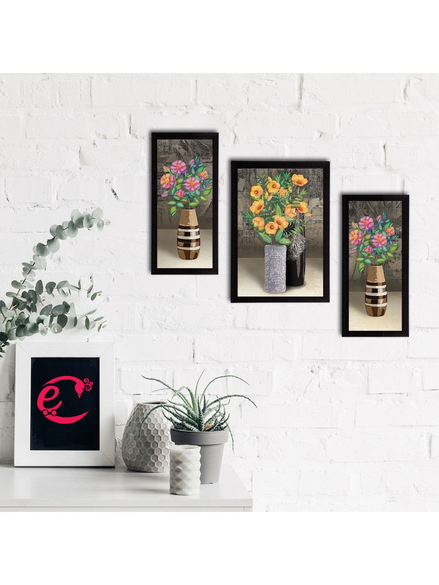 eCraftIndia Set of 3 Botanical and Floral Satin Matt Textured UV Art Painting