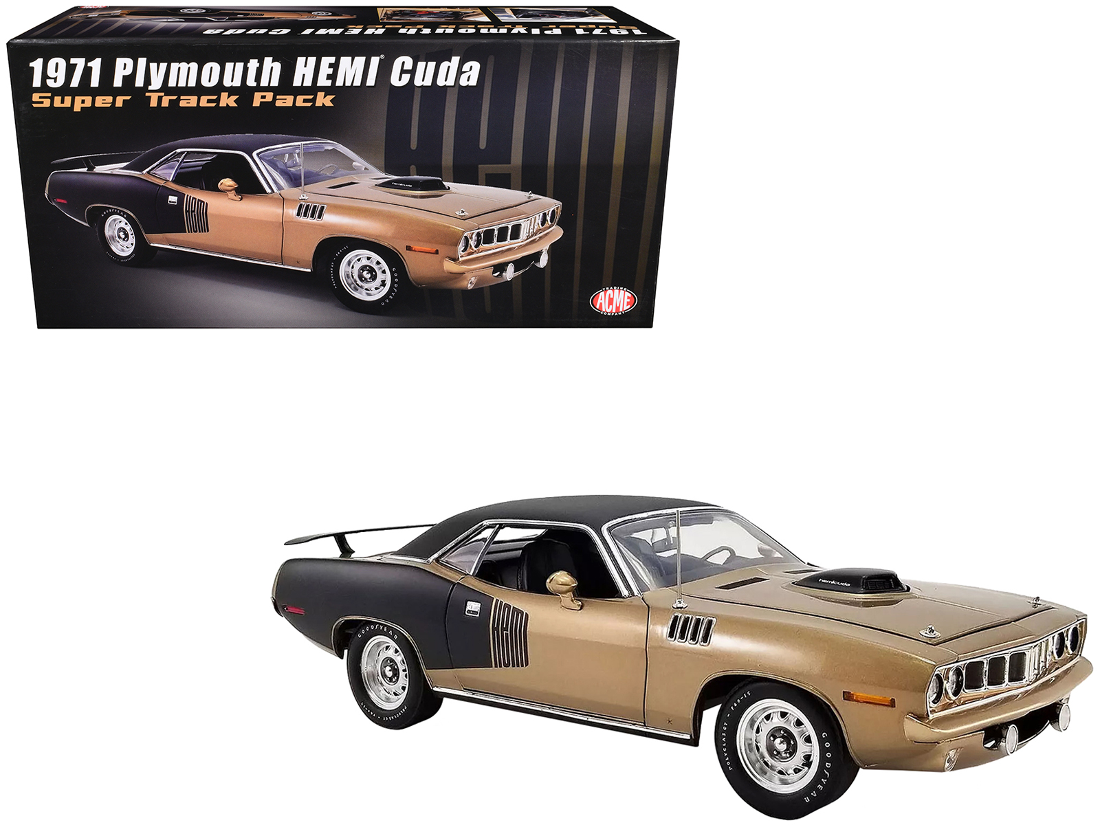 1971 Plymouth Hemi Barracuda "Super Track Pack" Gold Leaf Metallic and Matt Black with Black Vinyl Top Limited Edition to 426 pieces Worldwide 1/18 Diecast Model Car by ACME